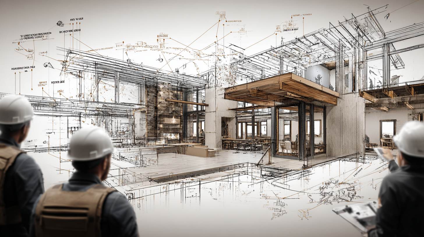 Three construction workers looking at a detailed architectural blueprint sketch