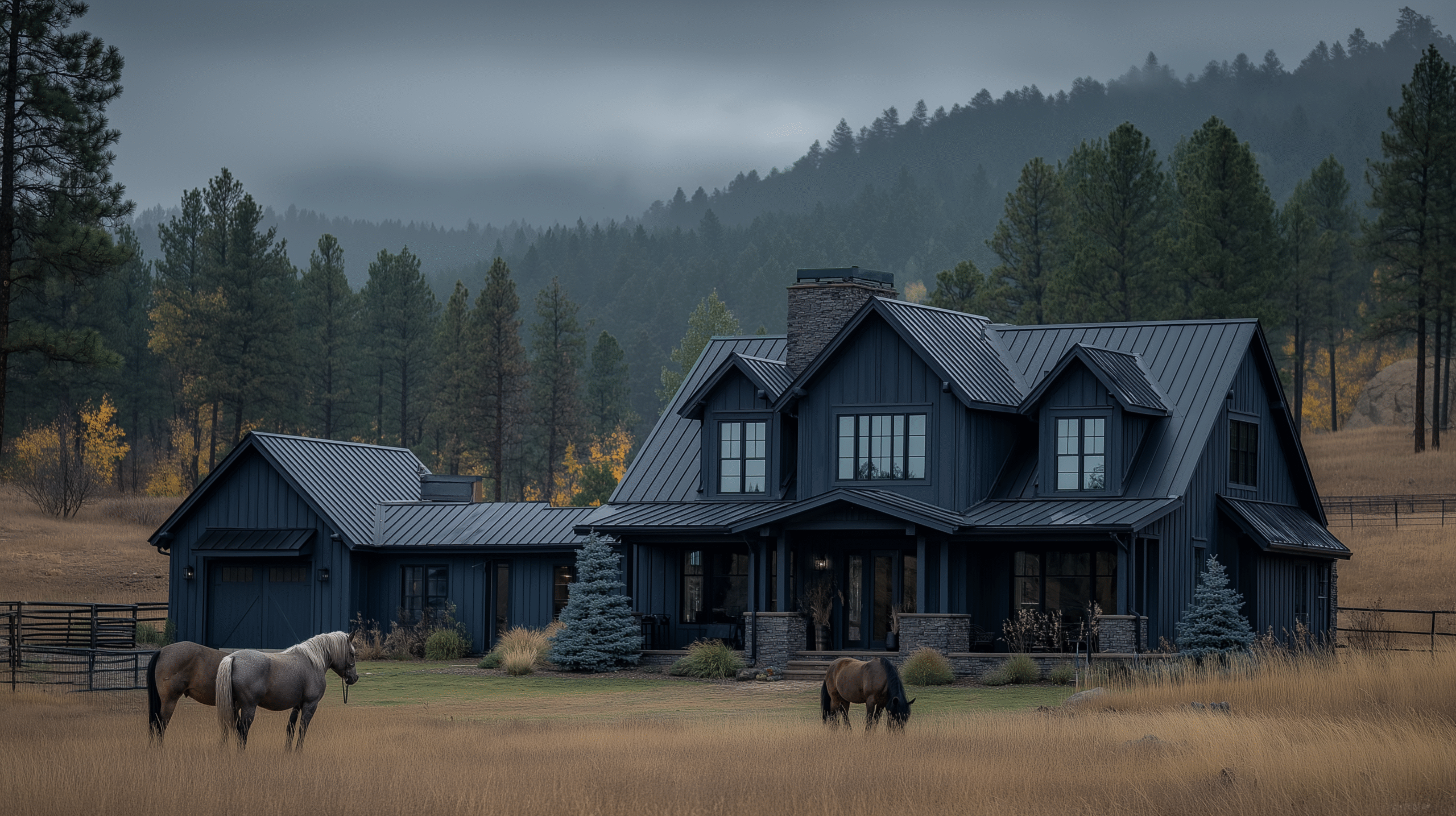 Two horses in a field in front of a dark house with a forest background