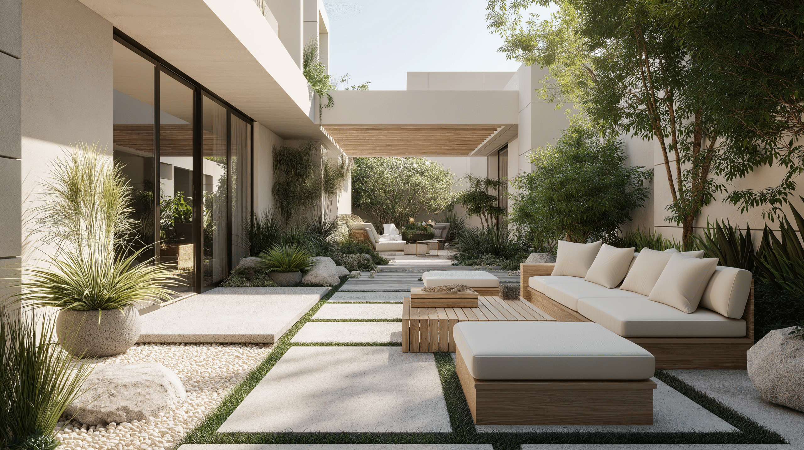 Modern outdoor patio with white sofas, wooden tables, and lush greenery.
