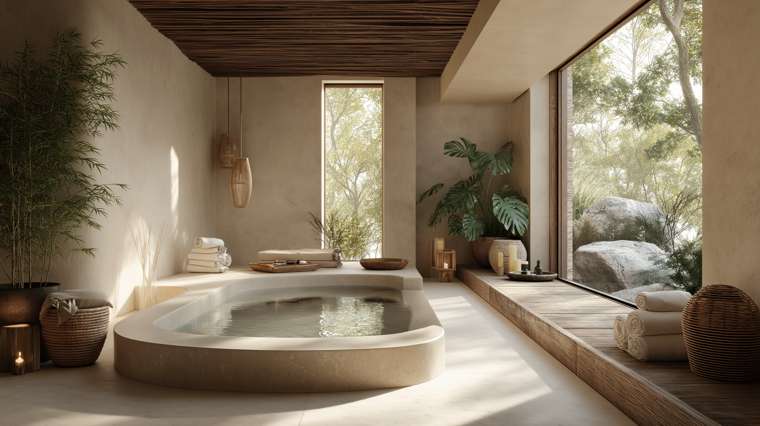 A serene bathroom with a large soaking tub and natural light.