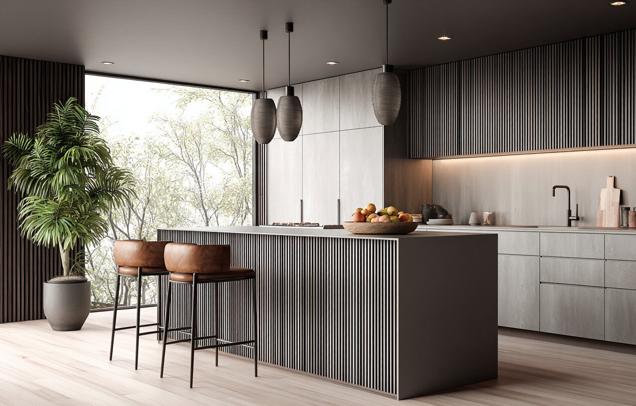 Modern kitchen with island, bar stools, large window, and indoor plant