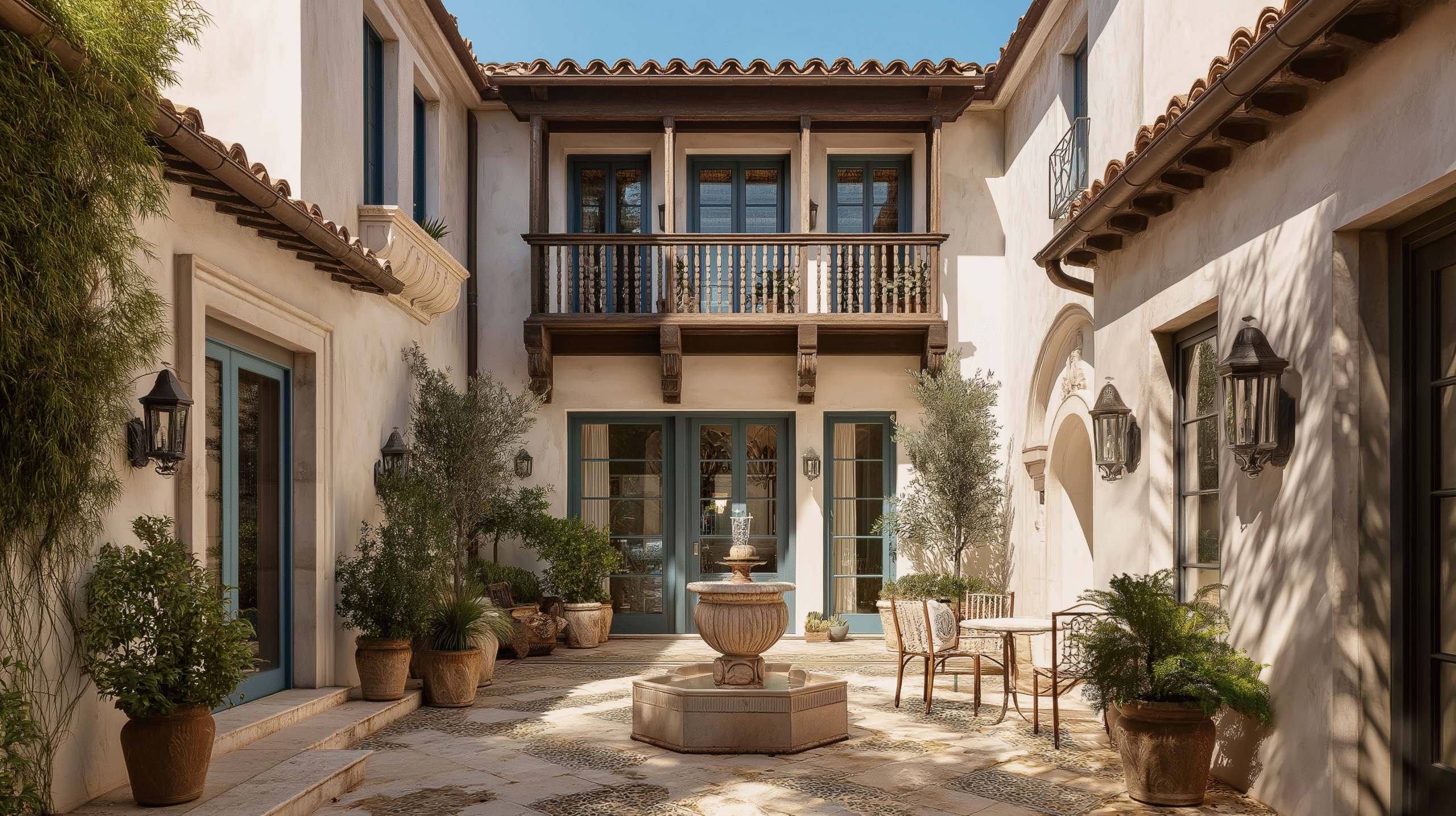 Courtyard with fountain, blue doors, and potted plants under a clear sky.
