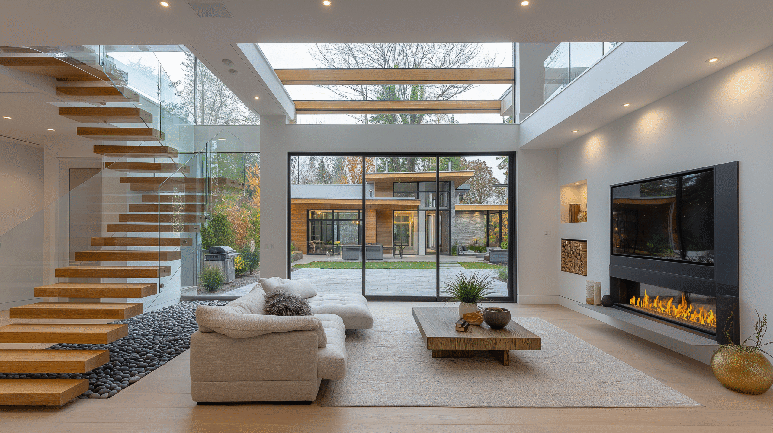 Modern living room with fireplace, white sofa, and view of backyard.