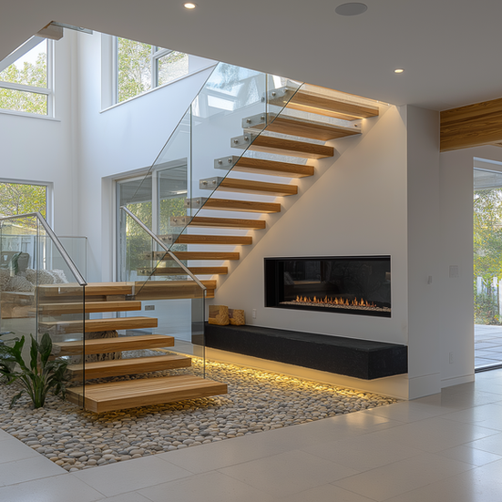 Modern wooden staircase with glass railings and a fireplace in a bright room.