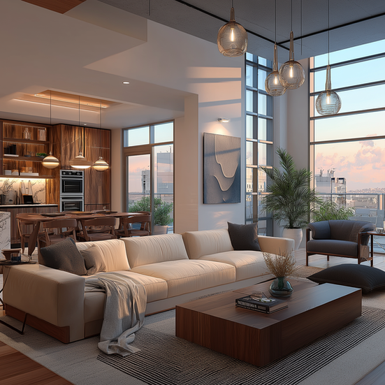 Modern open-plan living room and kitchen with large windows
