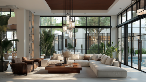 Modern living room with large windows, white sectional sofa, and wooden coffee table