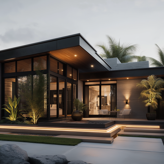 Modern house exterior with flat roof, large windows, and outdoor lighting at dusk.