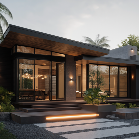 Modern house exterior with large windows, wooden accents, and illuminated steps.