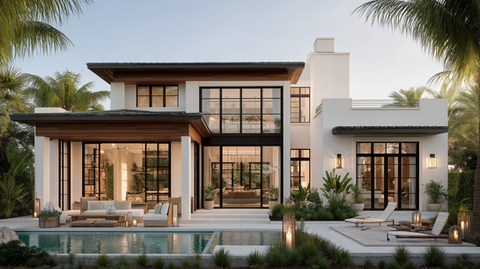 Modern white house with large windows, swimming pool, and palm trees