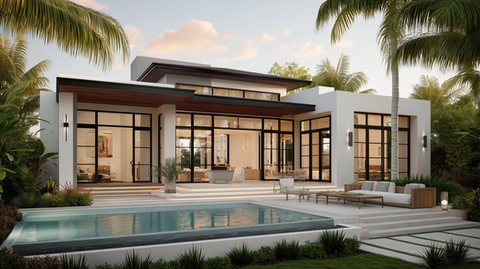 Modern white house with large windows, pool, and palm trees at sunset.