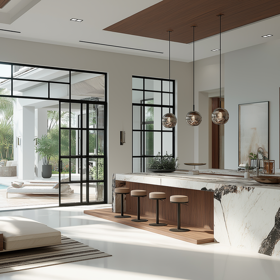 Modern kitchen and living area with large glass doors to an outdoor patio.