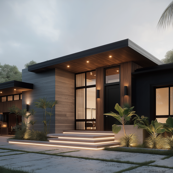 Modern house exterior with illuminated steps and warm lighting at dusk.