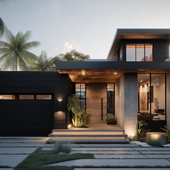 Modern house with dark exterior, wood accents, and illuminated entrance at dusk.