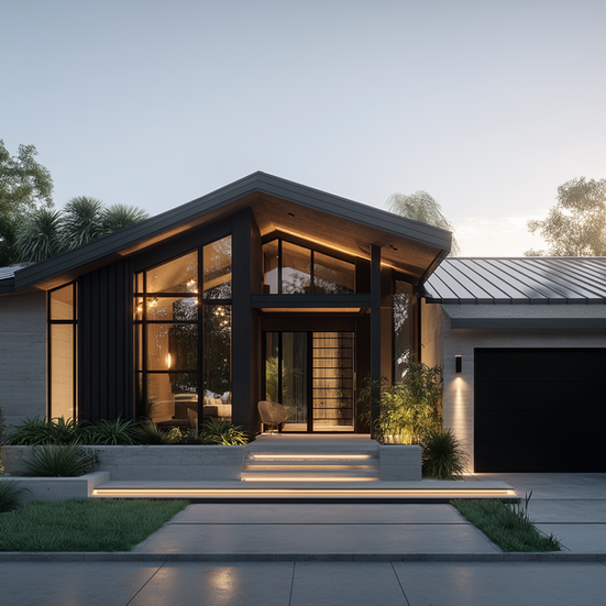 Modern house exterior with large windows, illuminated entrance, and garage.