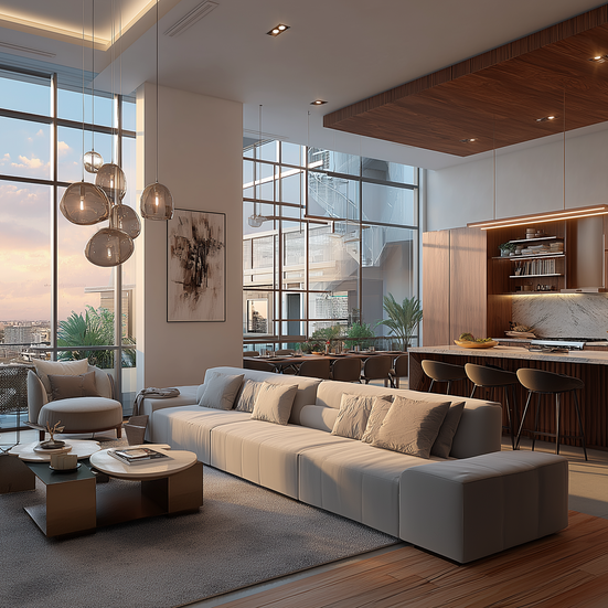 Modern living room with large windows, sofa, and kitchen area