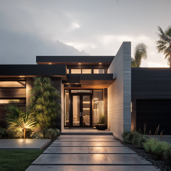 Modern house exterior at dusk with warm lighting and palm trees