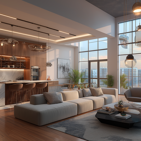 Modern open-plan living room with kitchen, sofa, and large windows