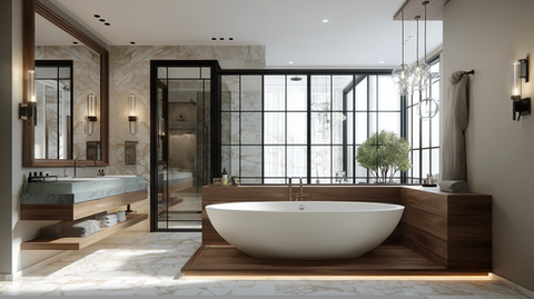Modern bathroom with a freestanding tub, marble, and wood accents