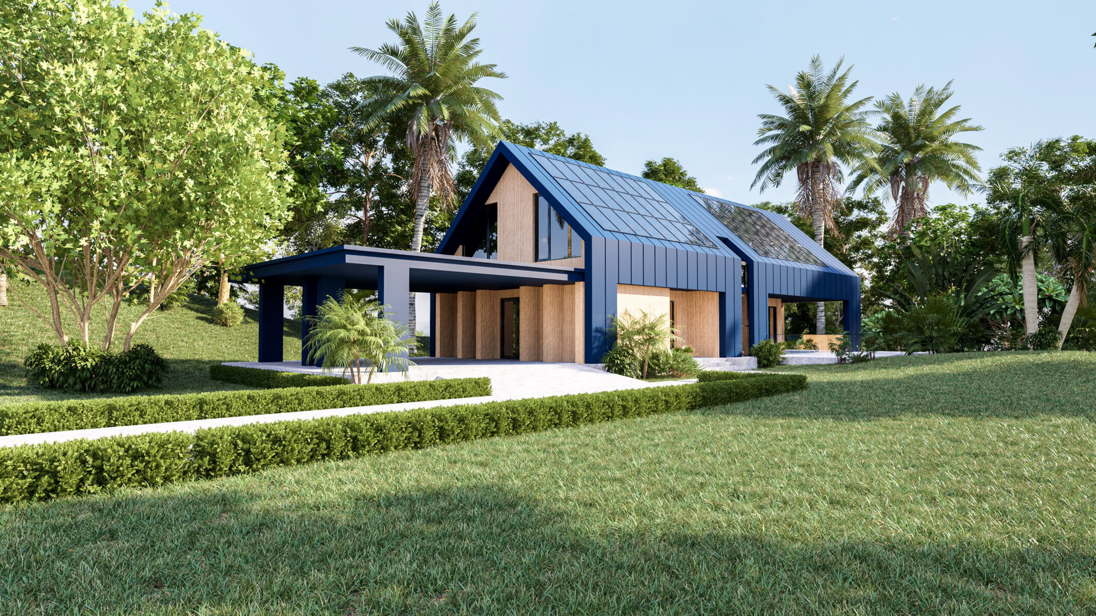 Modern blue and wood house with solar panels and lush green lawn