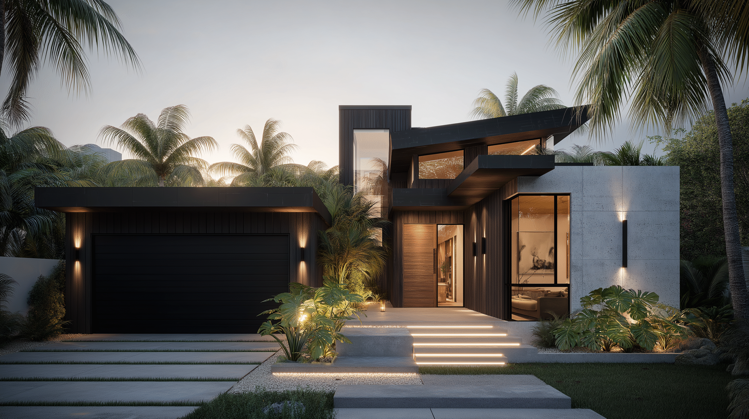 Modern house with dark facade, concrete walls, and palm trees at dusk