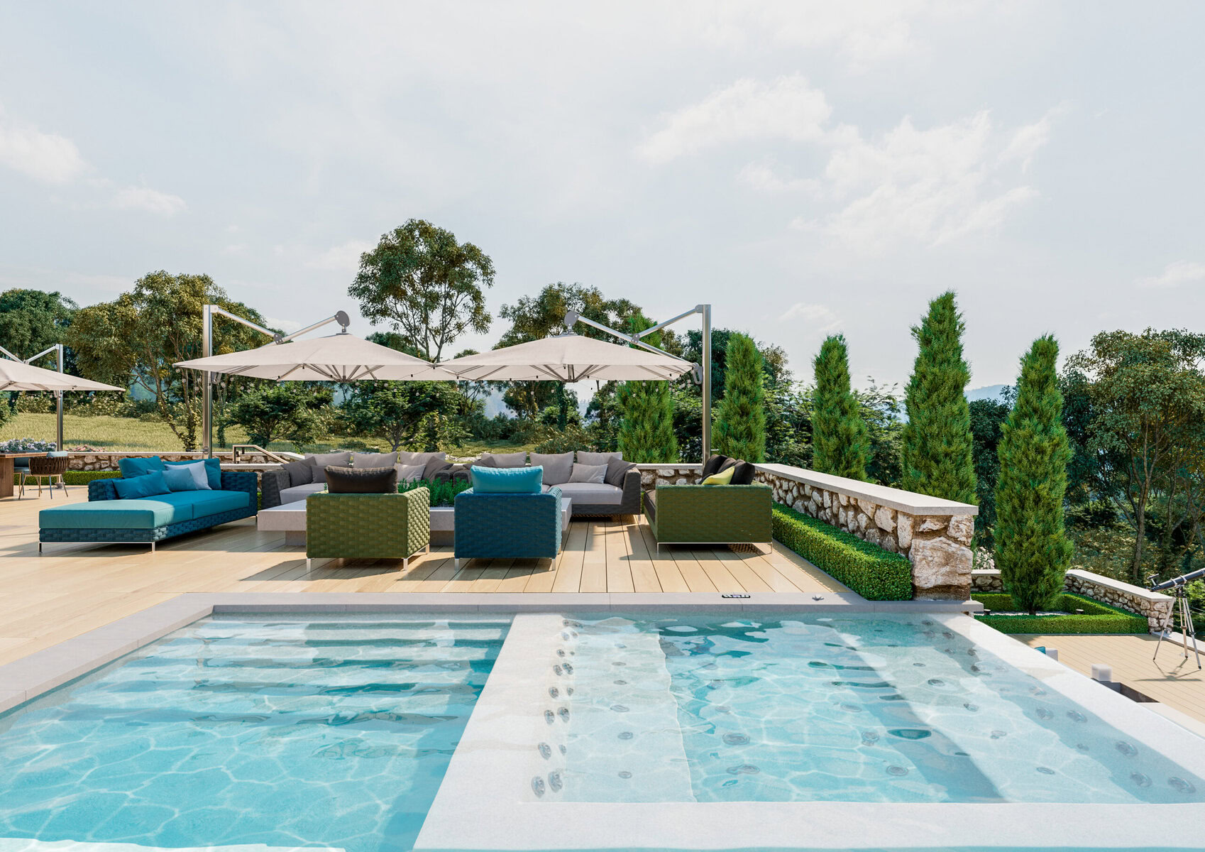 Outdoor patio with swimming pool, lounge seating, and umbrellas under a blue sky.