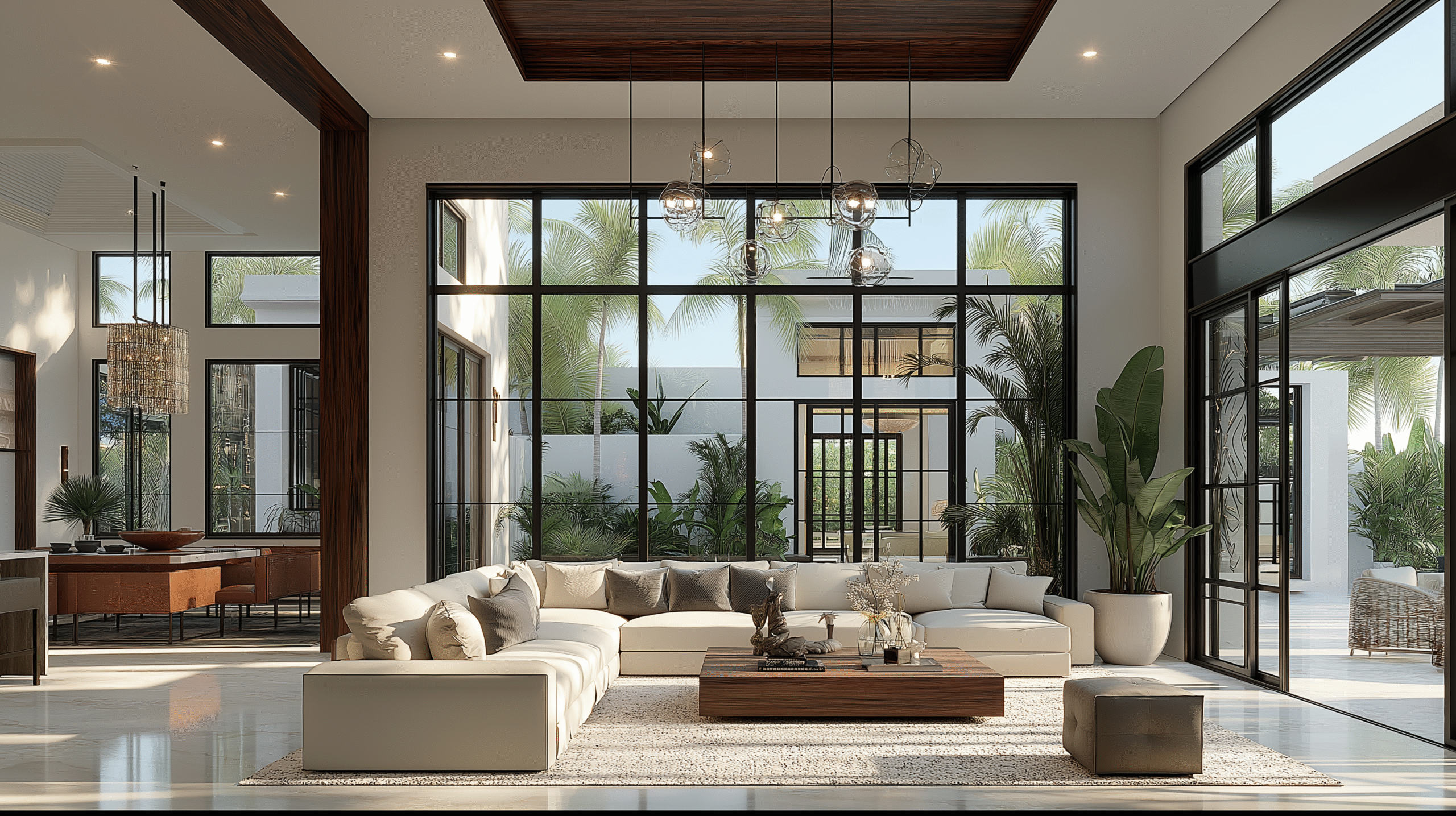 Modern living room with large windows, white sectional sofa, and wooden coffee table.