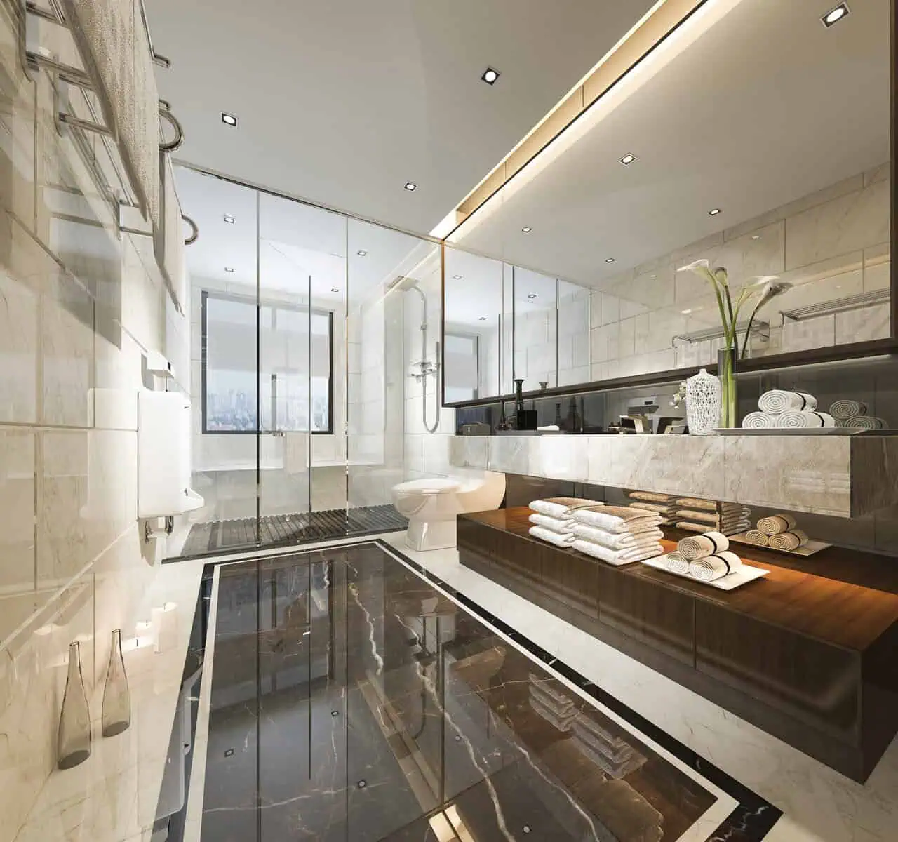 Modern bathroom with marble walls, dark floor, glass shower, and vanity.