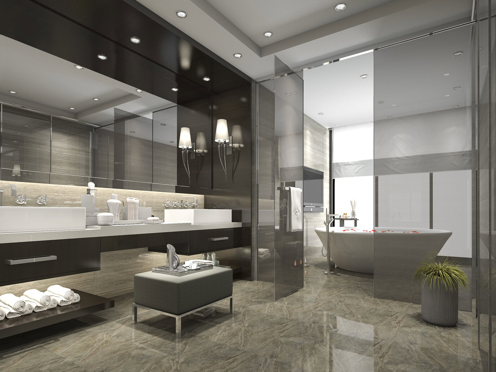 Modern bathroom with double vanity, large mirror, and freestanding bathtub