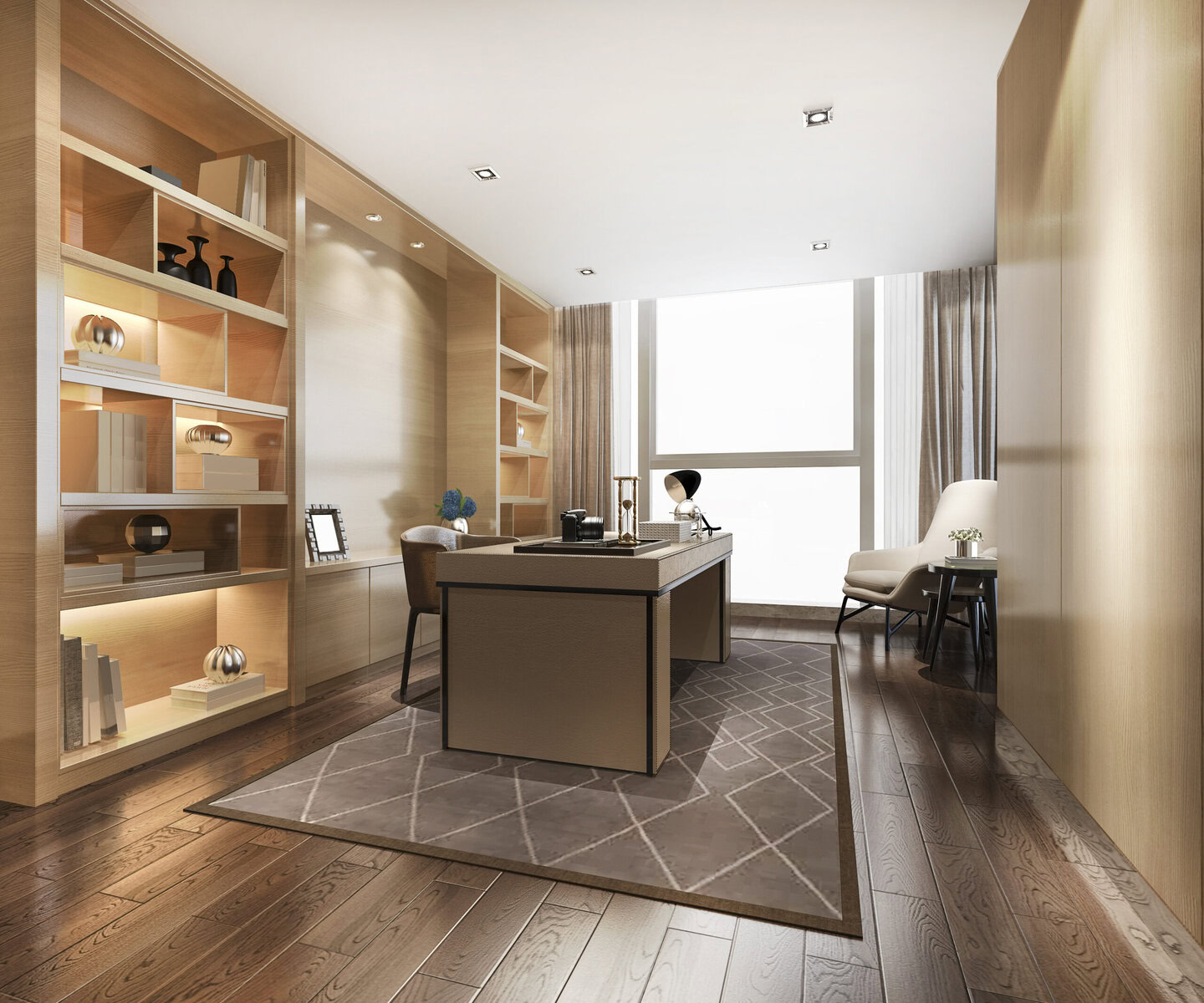 Modern home office with wooden shelves, desk, and large window