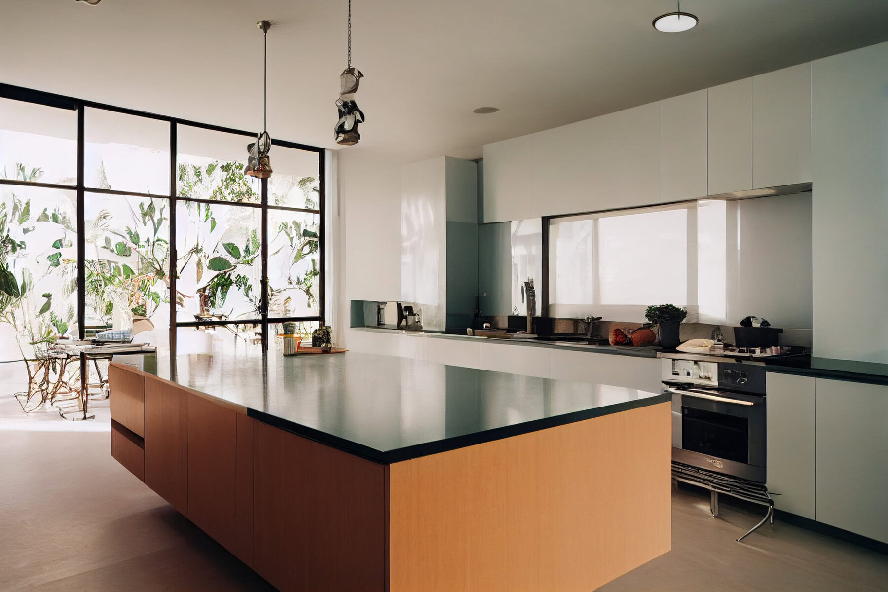 Modern kitchen with large island, white cabinets, and a window overlooking lush greenery.
