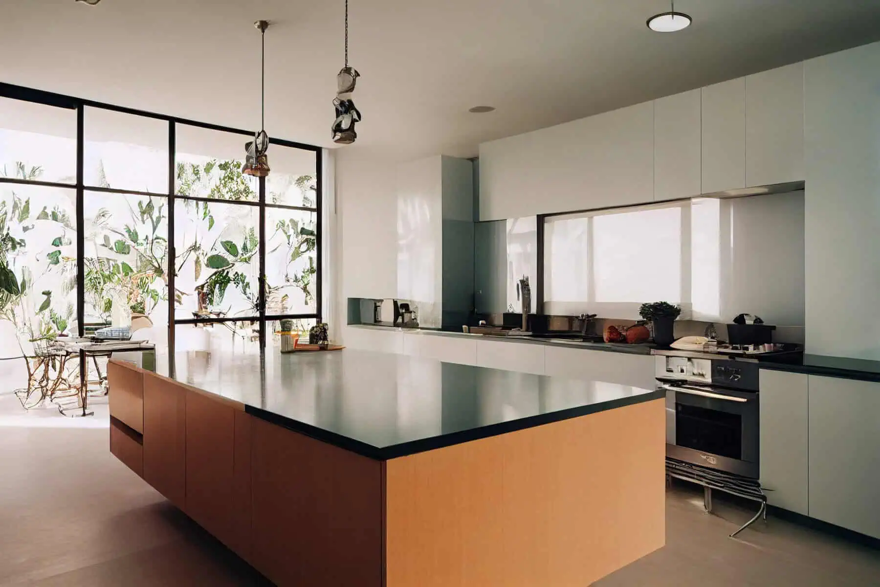 Modern kitchen with large island, stainless steel appliances, and abundant natural light.