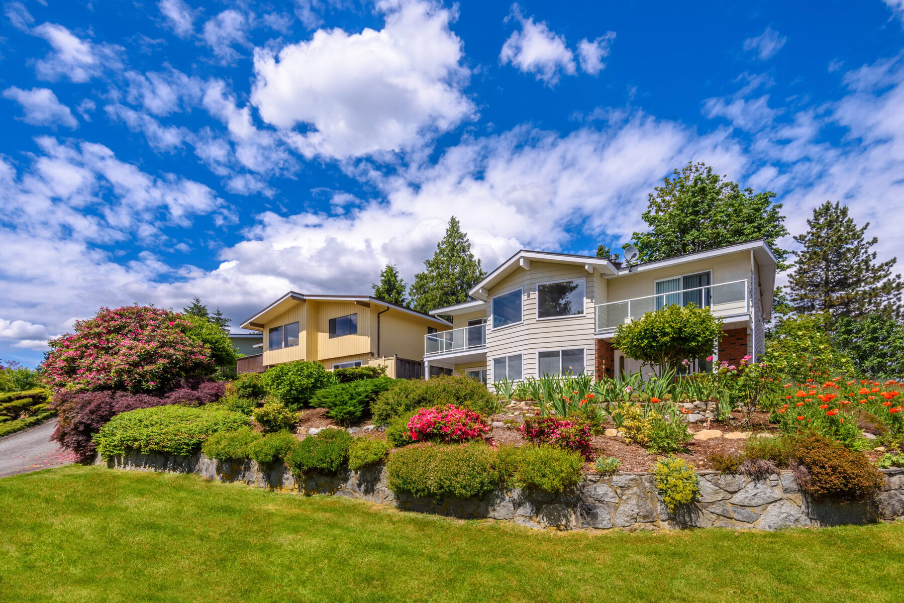 Two houses on a hill with lush landscaping under a blue sky.