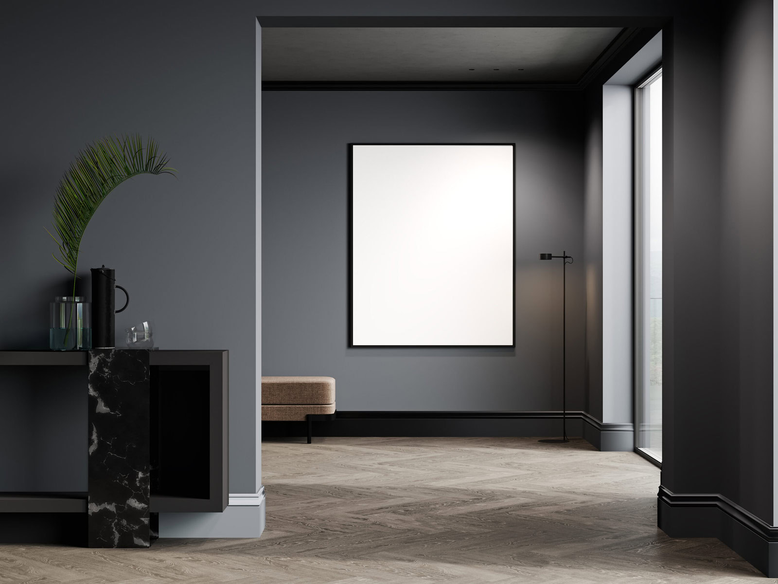 Empty white frame in a dark gray room with wooden floor and a plant.