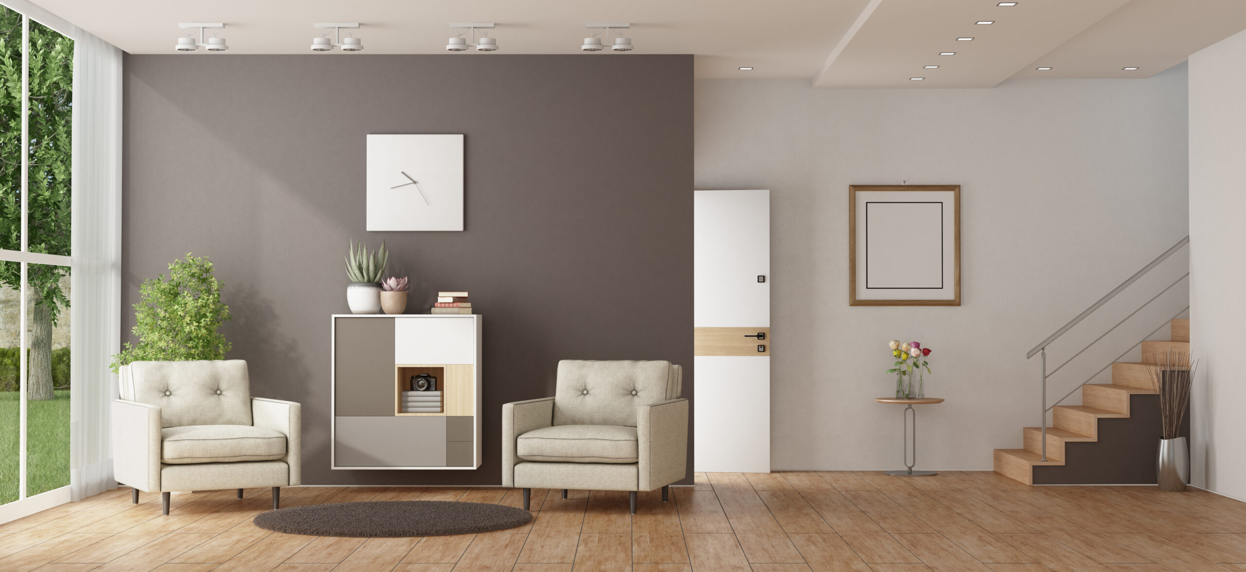Modern living room with two armchairs, a cabinet, and a staircase.