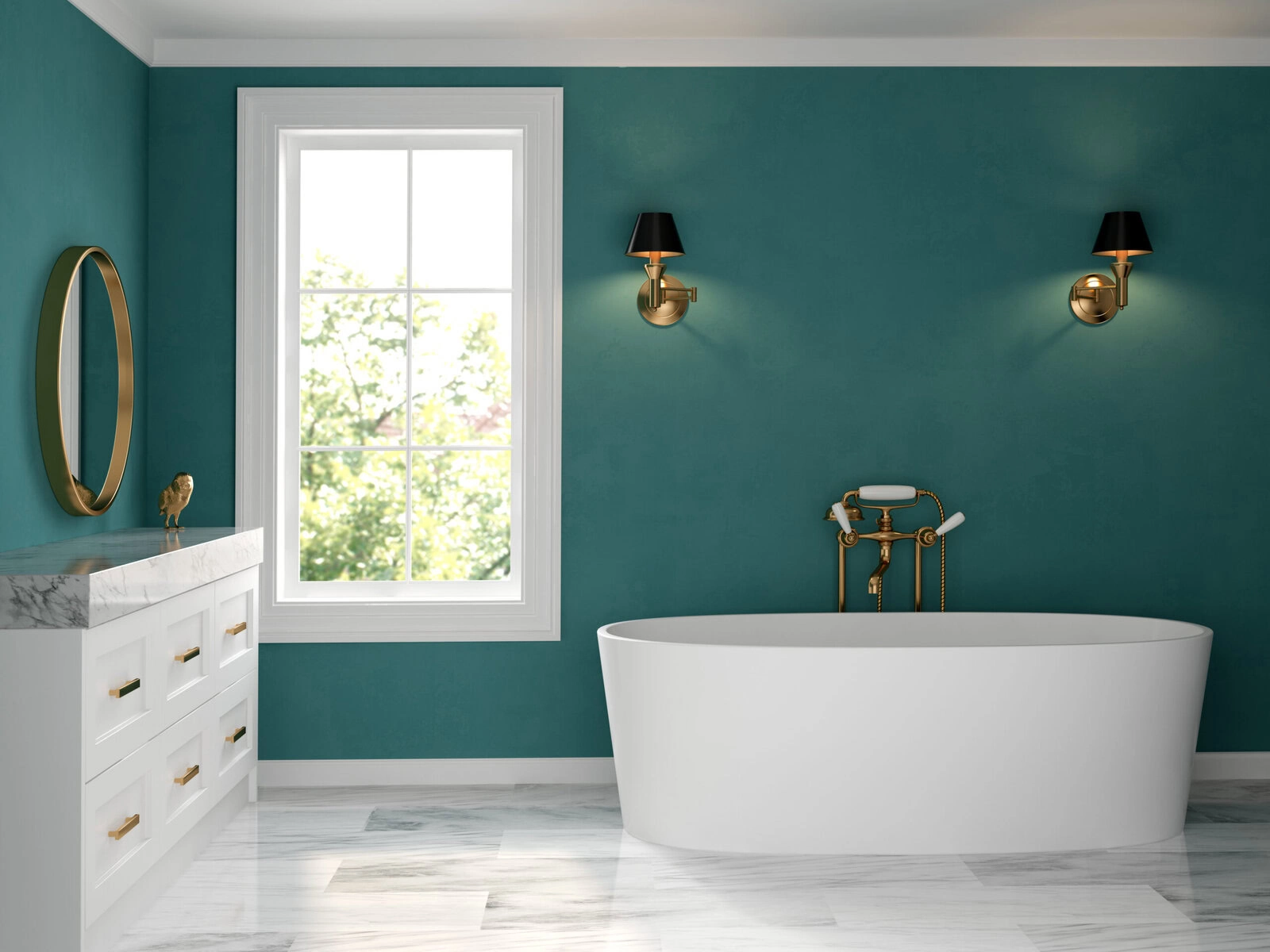 Modern bathroom with teal walls, white tub, and marble vanity