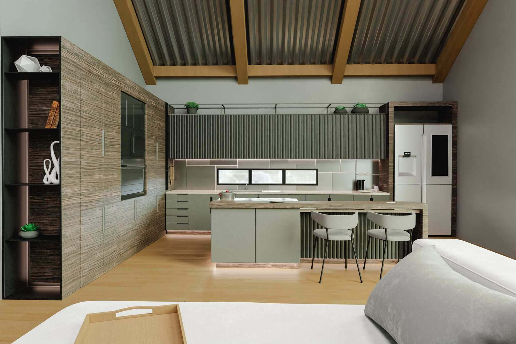 Modern kitchen and living area with wood accents and a white sofa.