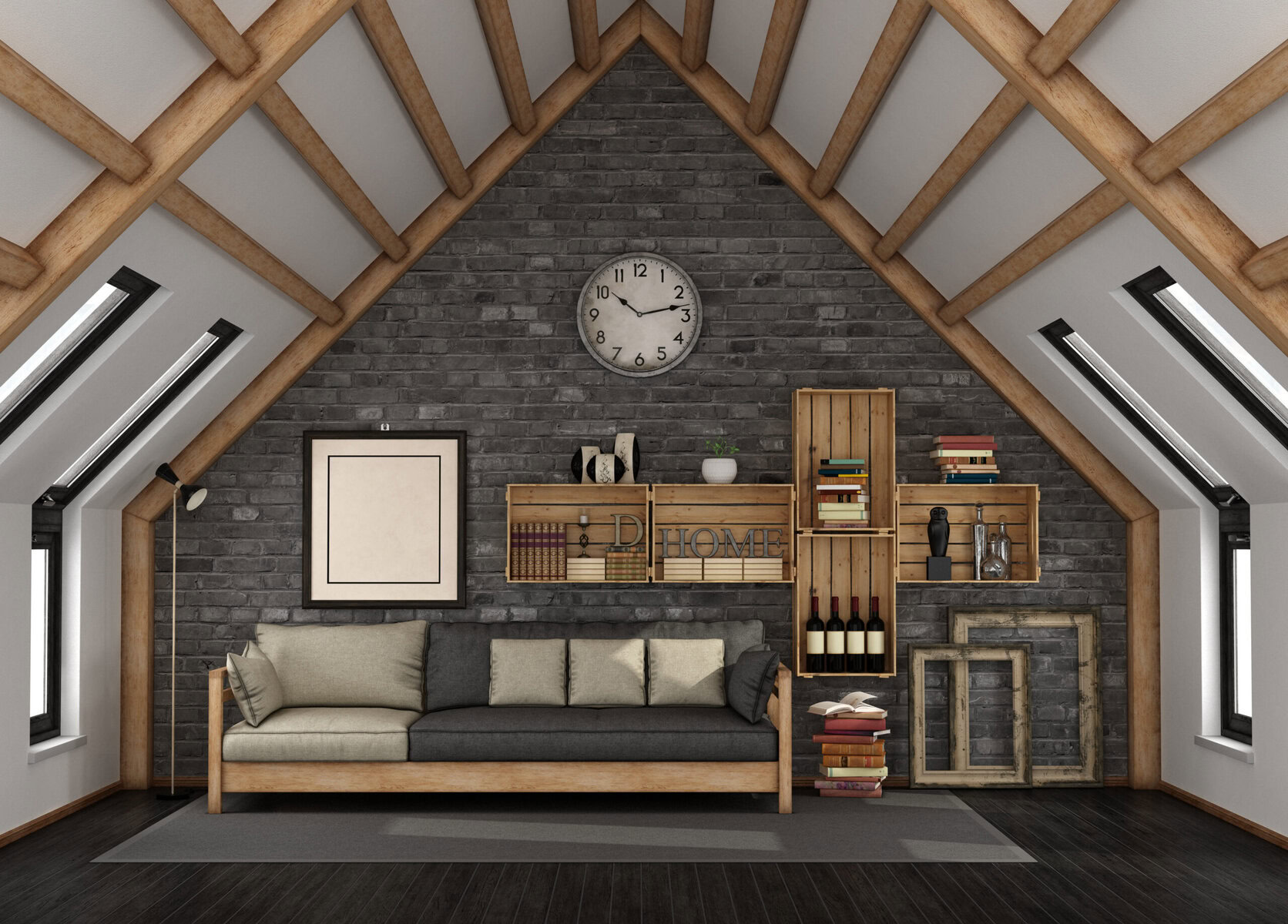 Attic living room with dark brick wall, wooden beams, and sofa