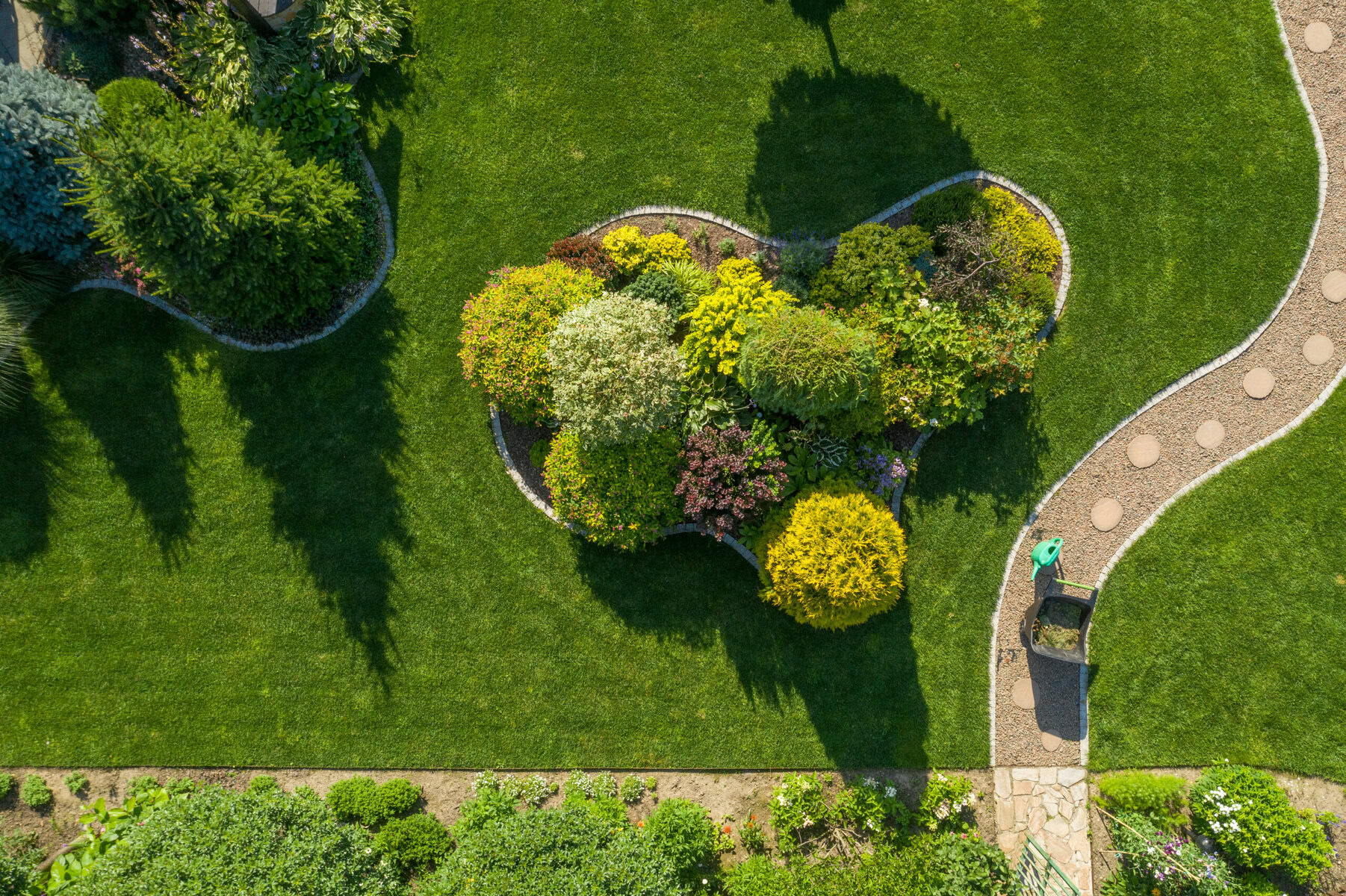 Aerial view of a well-maintained garden with a winding path