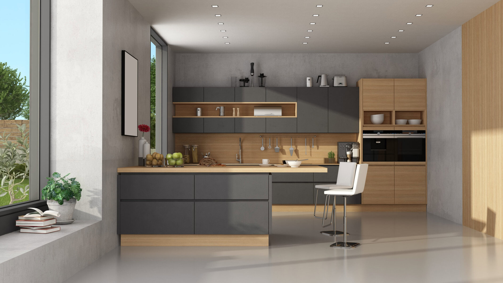 Modern kitchen with dark gray cabinets, wooden accents, and a large window.