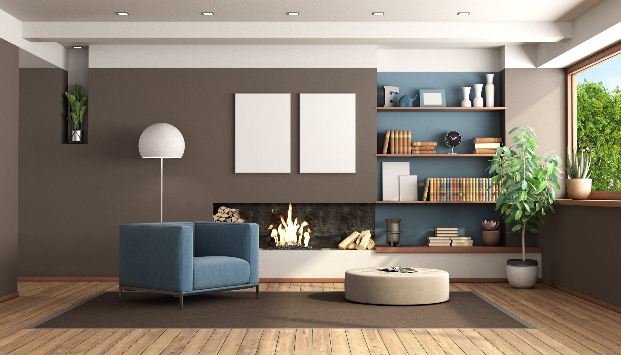Modern living room with fireplace, blue armchair, and large window