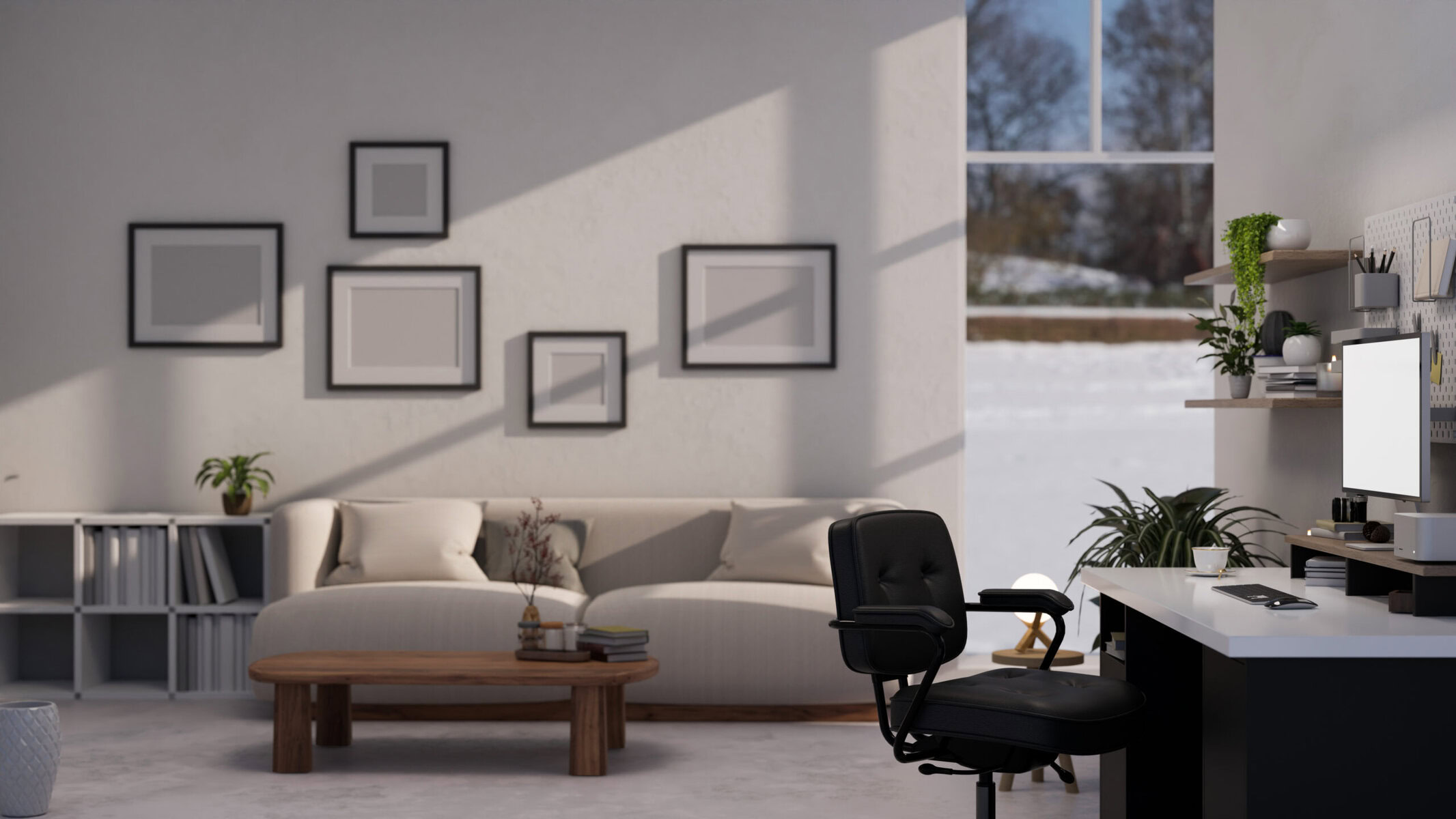 Home office with desk, computer, and sofa in a bright room.