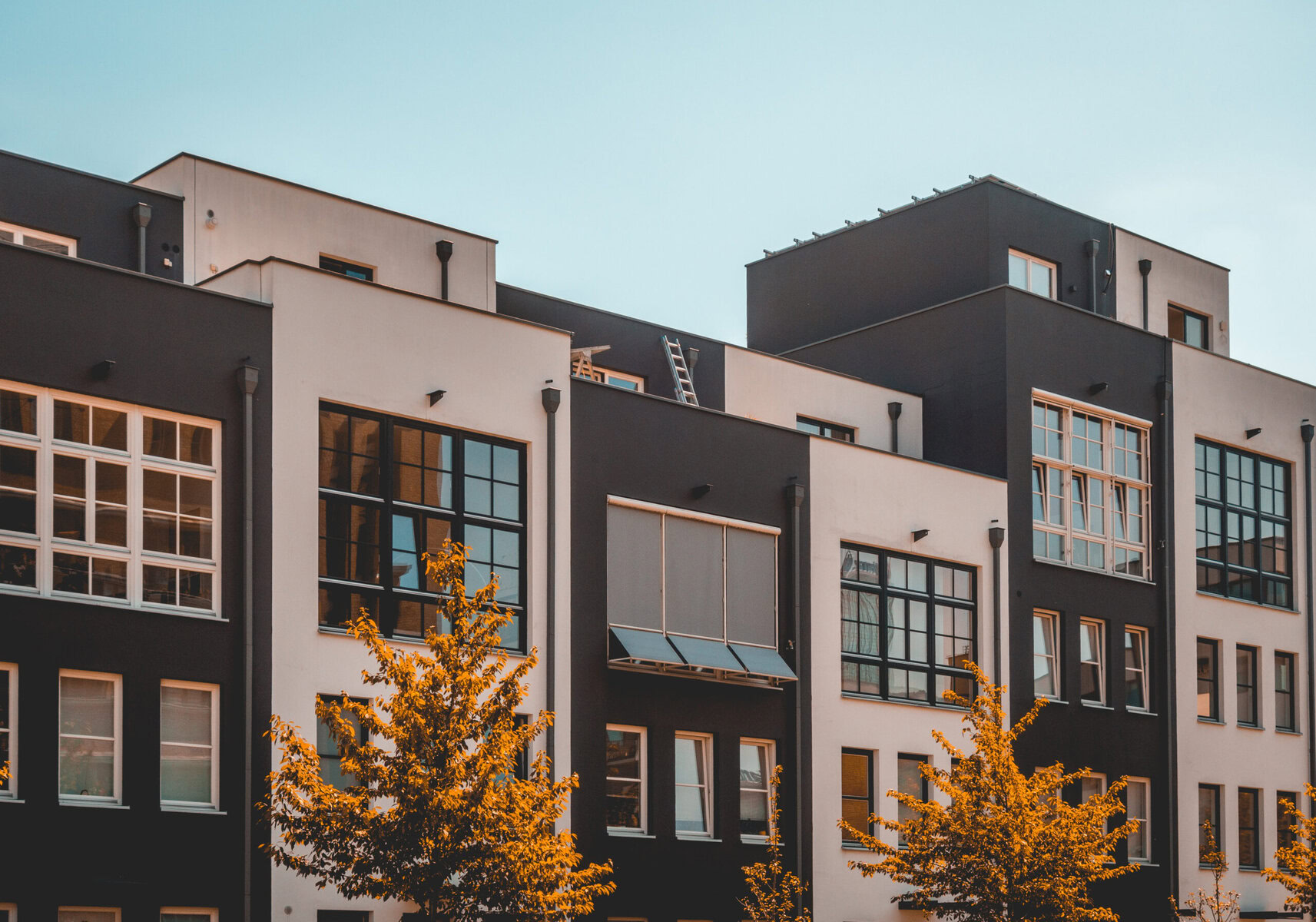 Modern residential buildings with dark and light facades, and autumn trees.