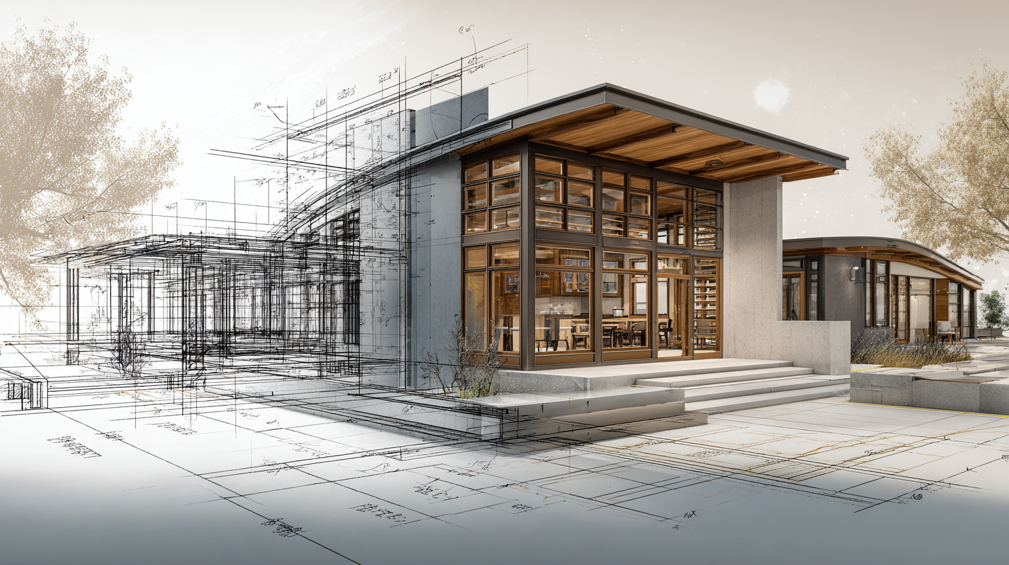 Architectural rendering transitioning from blueprint to modern house exterior
