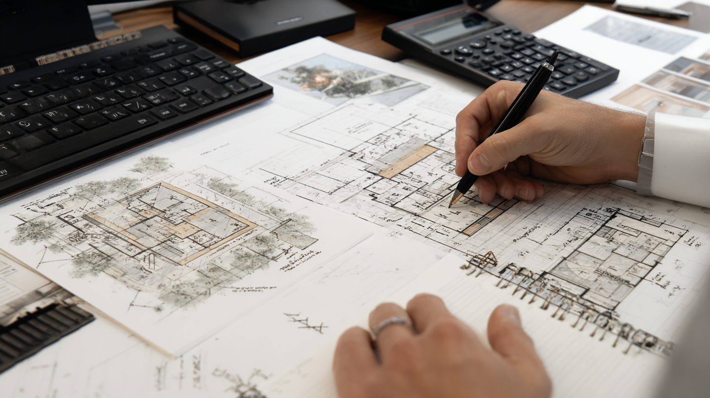 Architect's hands drawing a blueprint with a pen on a desk