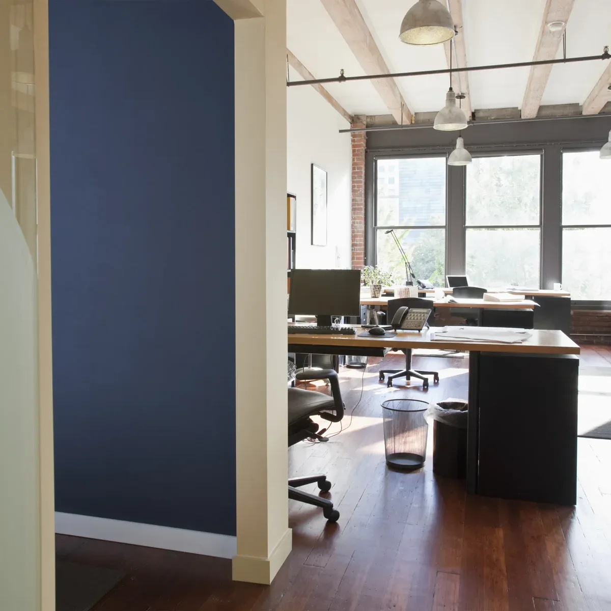 Modern open-plan office with desks, computers, and large windows