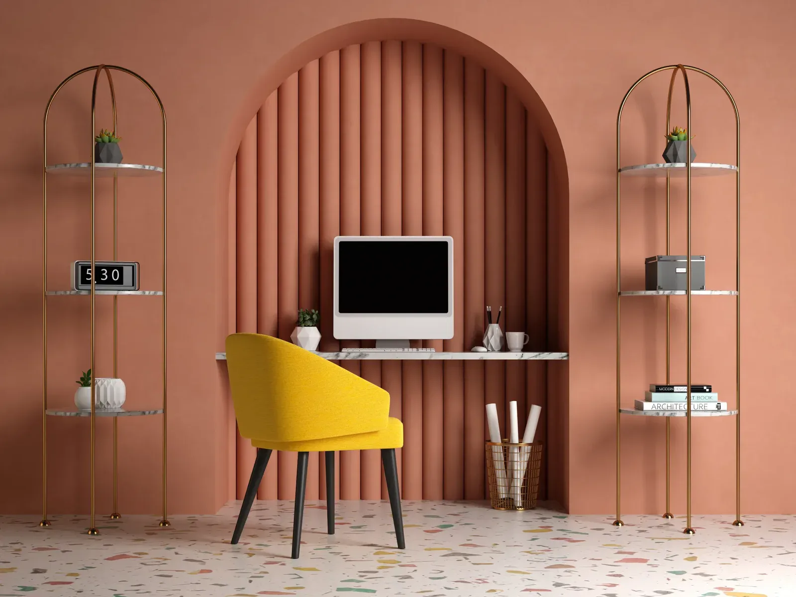 Modern home office with a yellow chair and computer on a built-in desk.