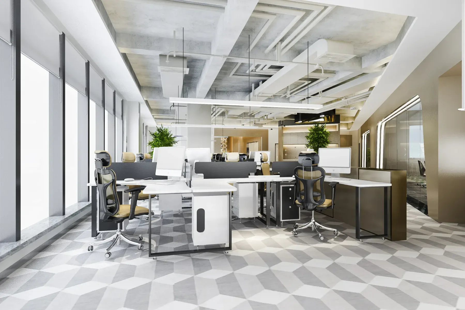 Modern open-plan office with desks, chairs, and large windows
