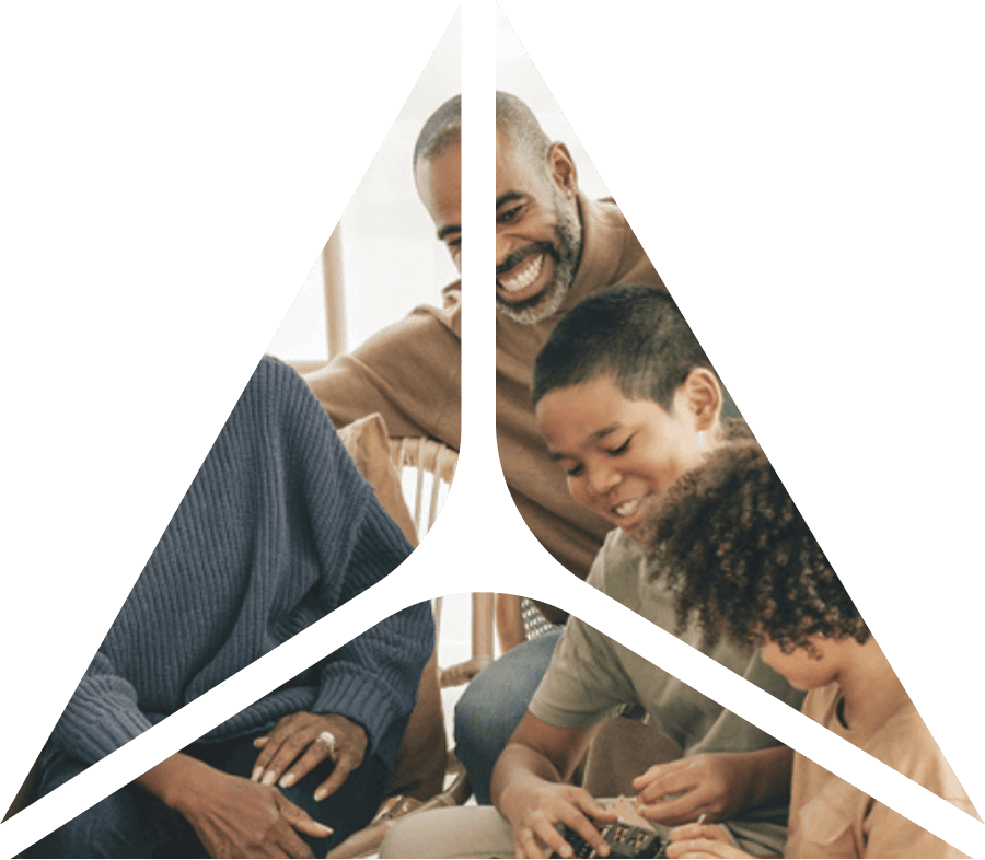 Triangle shape over image of family together playing game