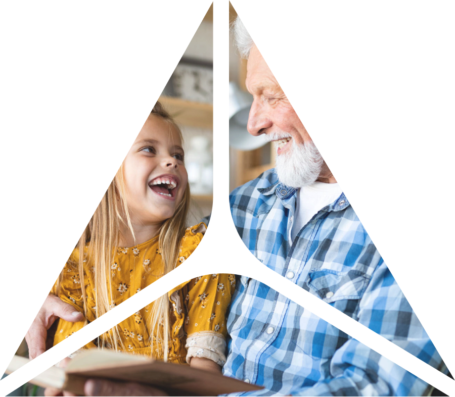 triangle shape over image of man and child laughing and reading