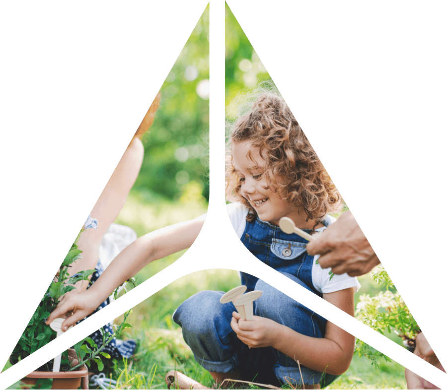 triangle shape over image of child gardening